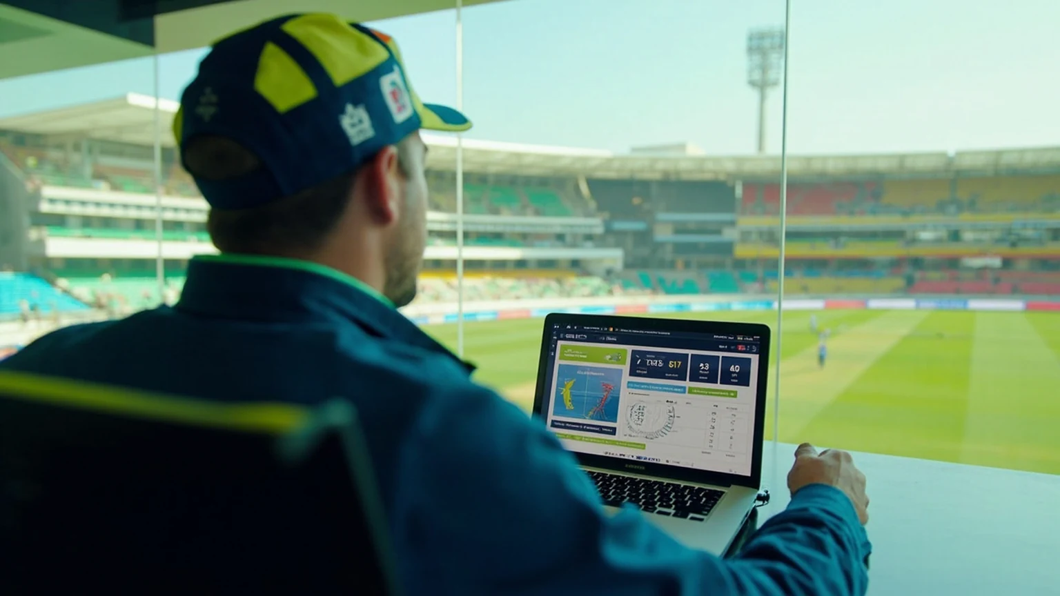 Cricket scorer auditing a live scorecard and fantasy points in a bright stadium control room