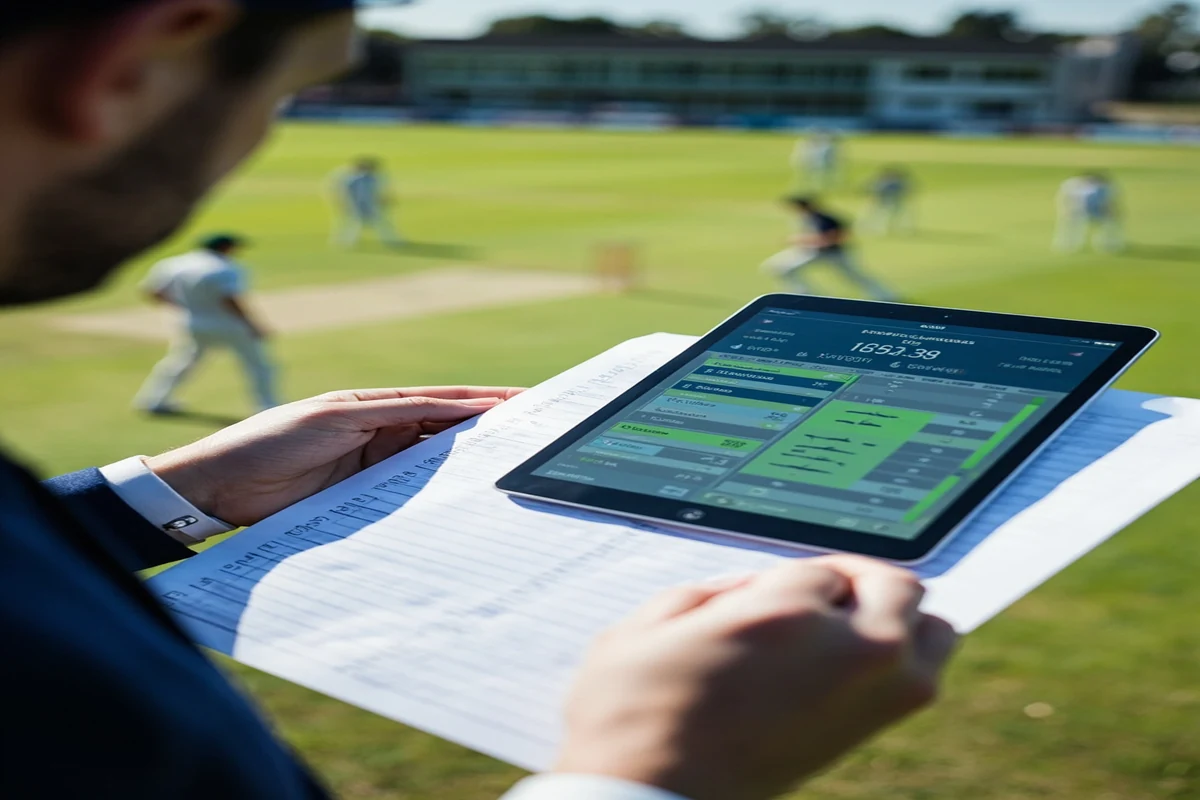 Analyst comparing a cricket paper scorebook with a digital innings scorecard