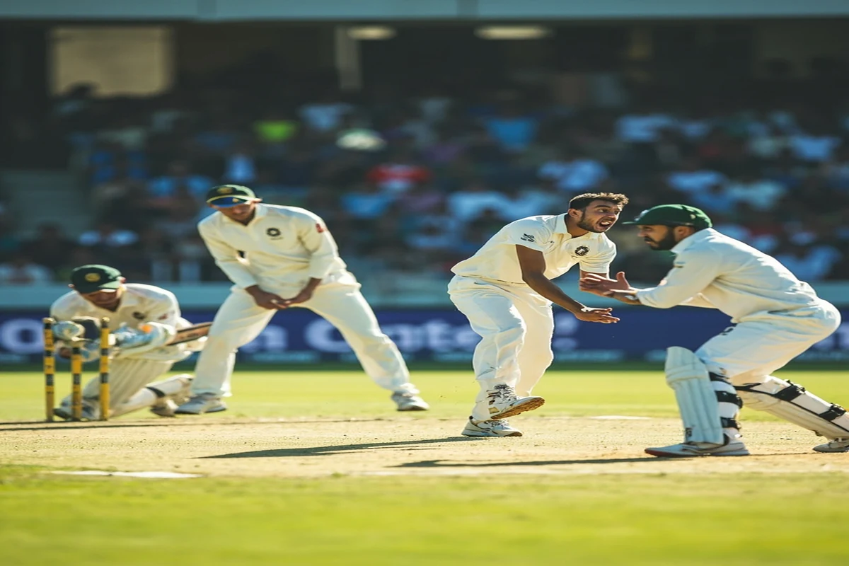 Bowler batter wicketkeeper and fielders during a cricket dismissal