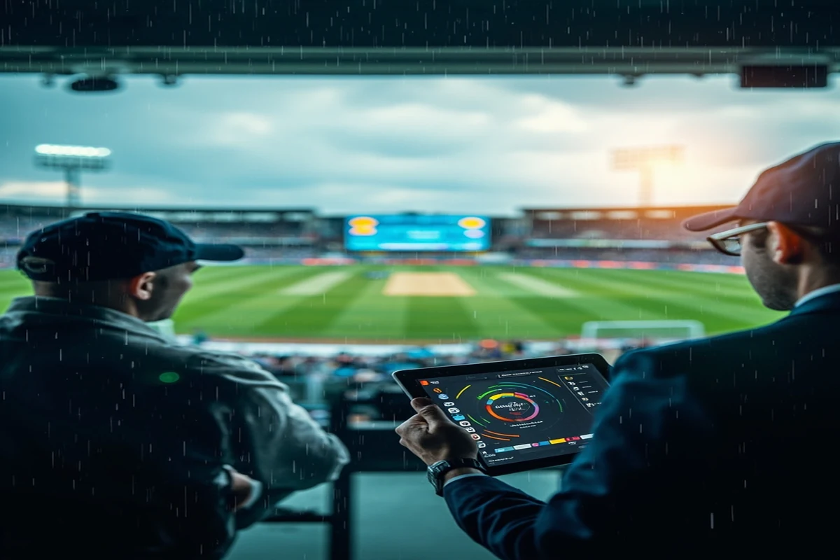 Cricket ground after rain interruption with revised target analytics on a tablet