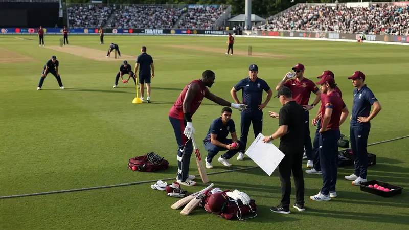 Medium shot of fielders gathered near the pitch discussing placements with stumps and outfield visible under natural light