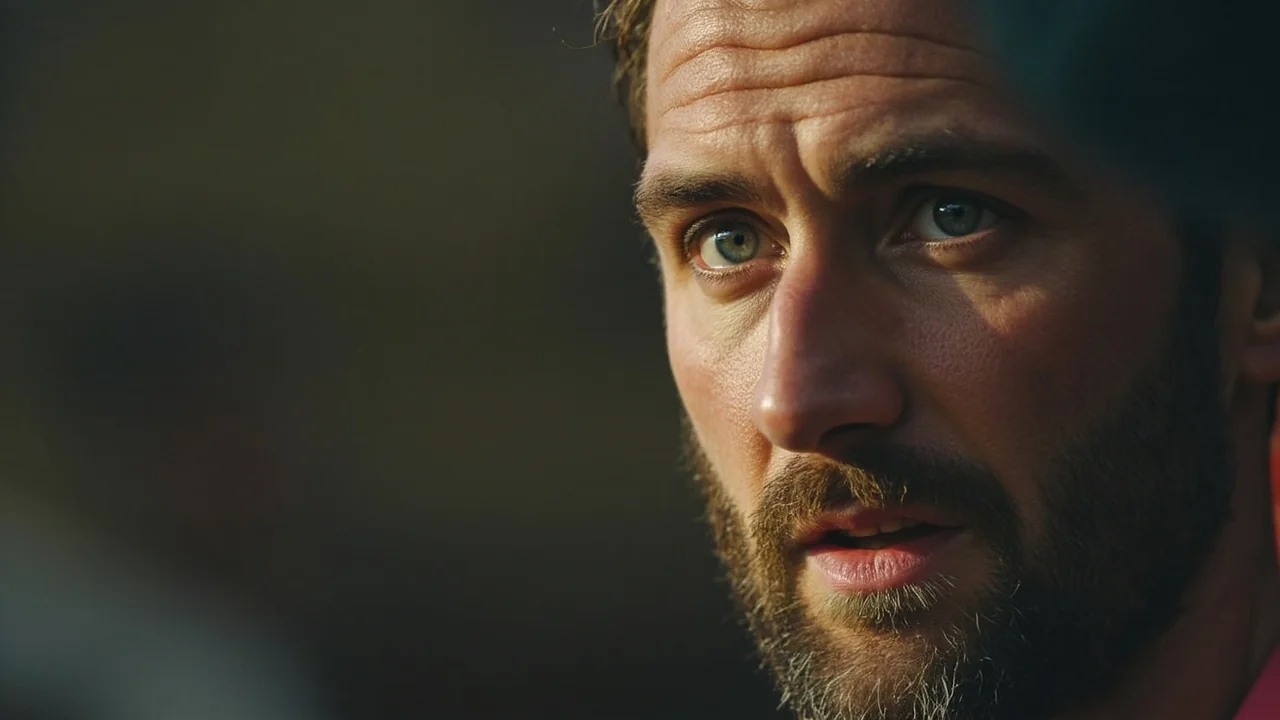 Medium editorial frame of a former England captain in broadcaster pose, hands raised, studio lighting, focused tactical expression